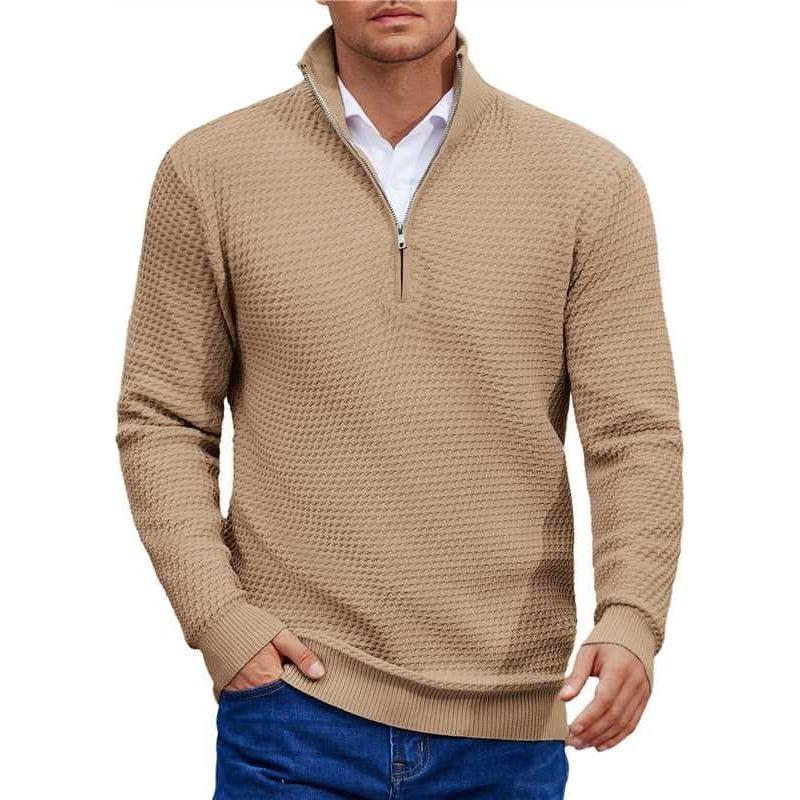 imageCOOFANDY Mens Quarter Zip Pullover Sweater Slim Fit Waffle Mock Turtleneck Polo Sweater Casual Long Sleeve SweatshirtDark Khaki