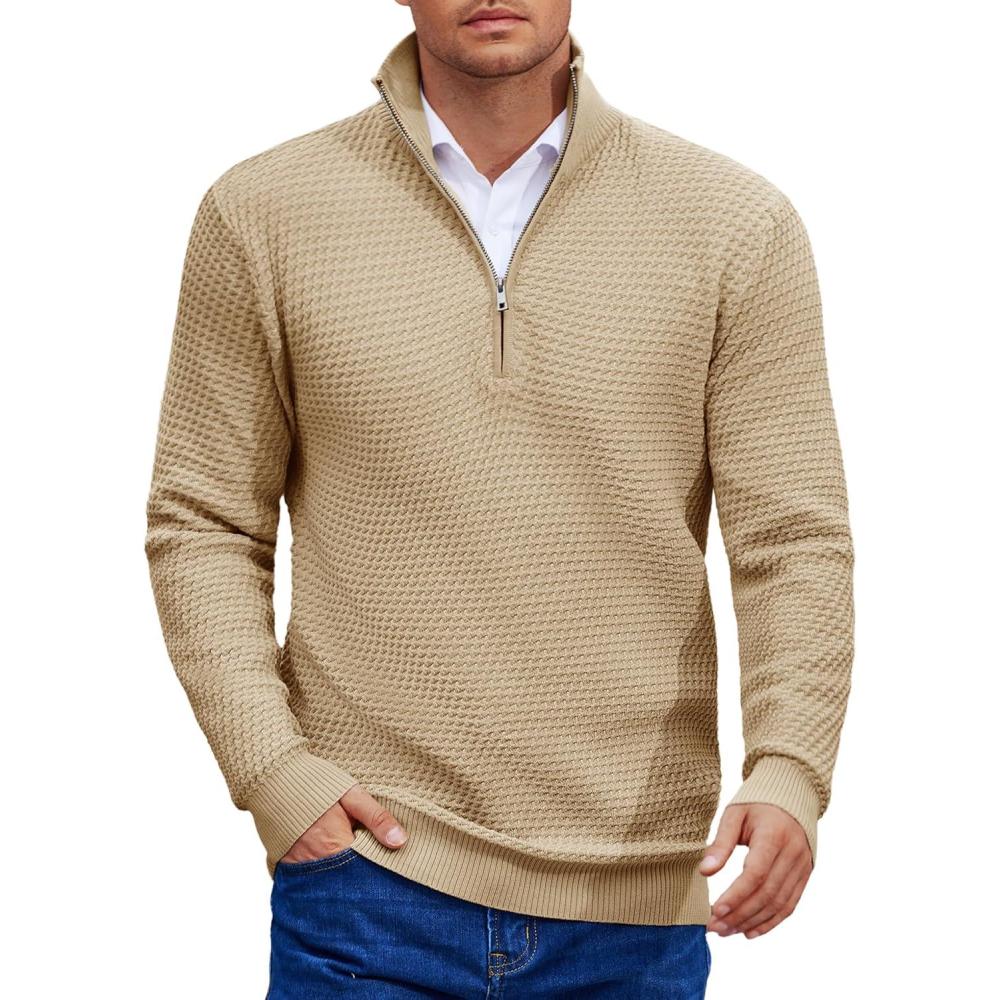 imageCOOFANDY Mens Quarter Zip Pullover Sweater Slim Fit Waffle Mock Turtleneck Polo Sweater Casual Long Sleeve SweatshirtKhaki