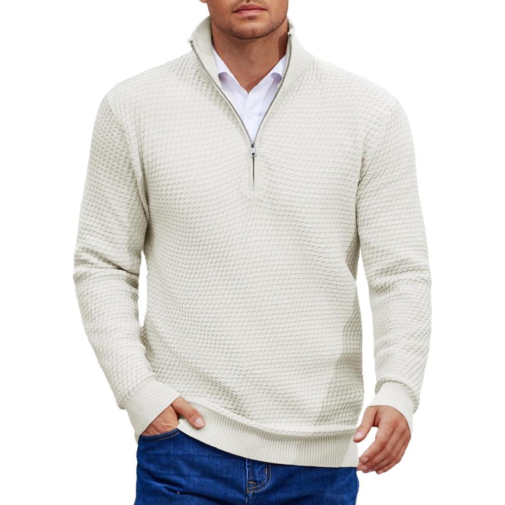 imageCOOFANDY Mens Quarter Zip Pullover Sweater Slim Fit Waffle Mock Turtleneck Polo Sweater Casual Long Sleeve SweatshirtWhite