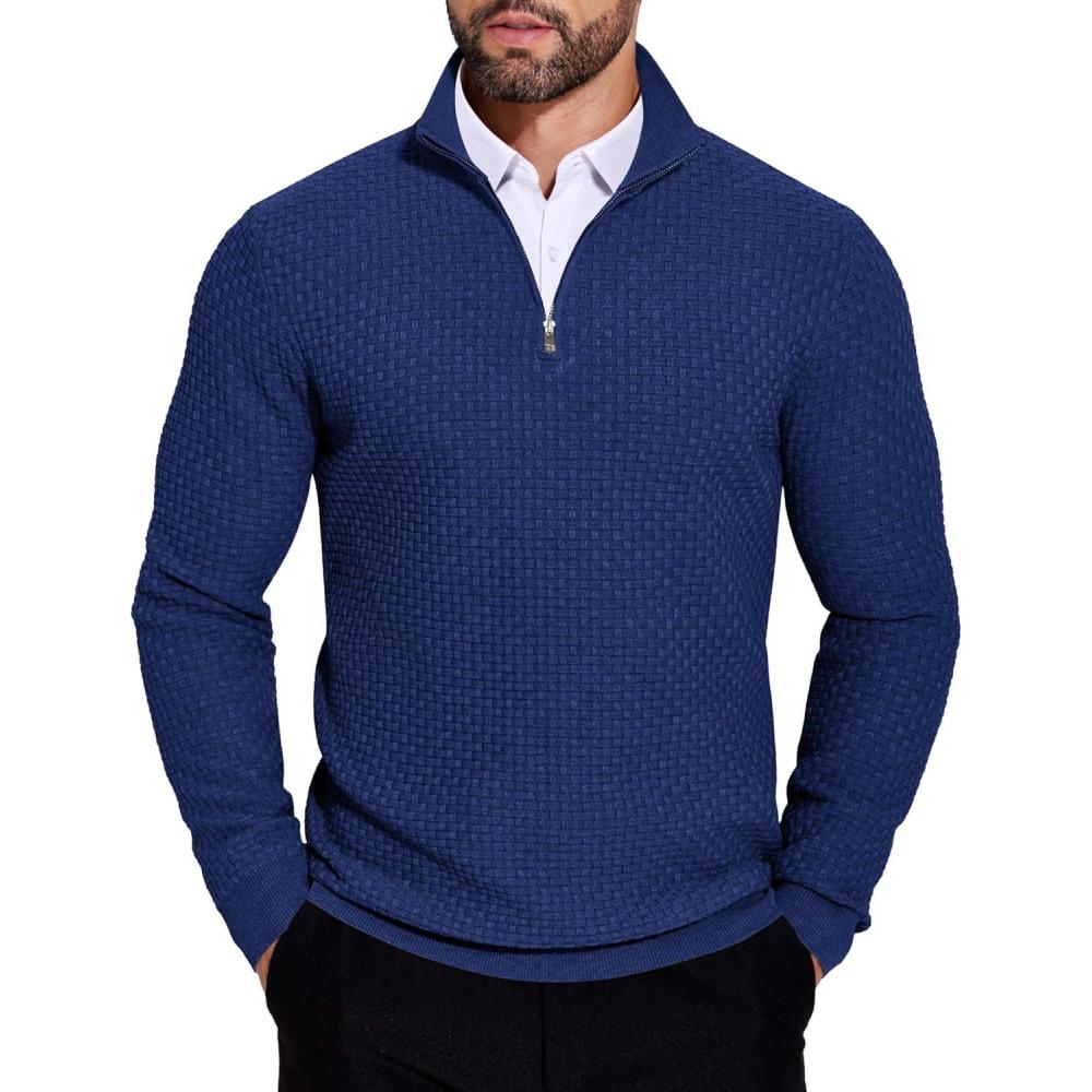 imageCOOFANDY Mens Quarter Zip Sweaters Slim Fit Lightweight Knitted Mock Neck Pullover Casual Polo SweatersDark Blue