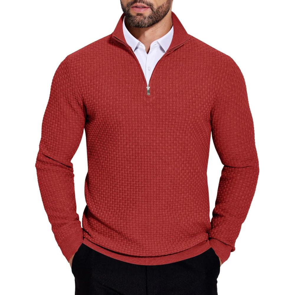 imageCOOFANDY Mens Quarter Zip Sweaters Slim Fit Lightweight Knitted Mock Neck Pullover Casual Polo SweatersDeep Red