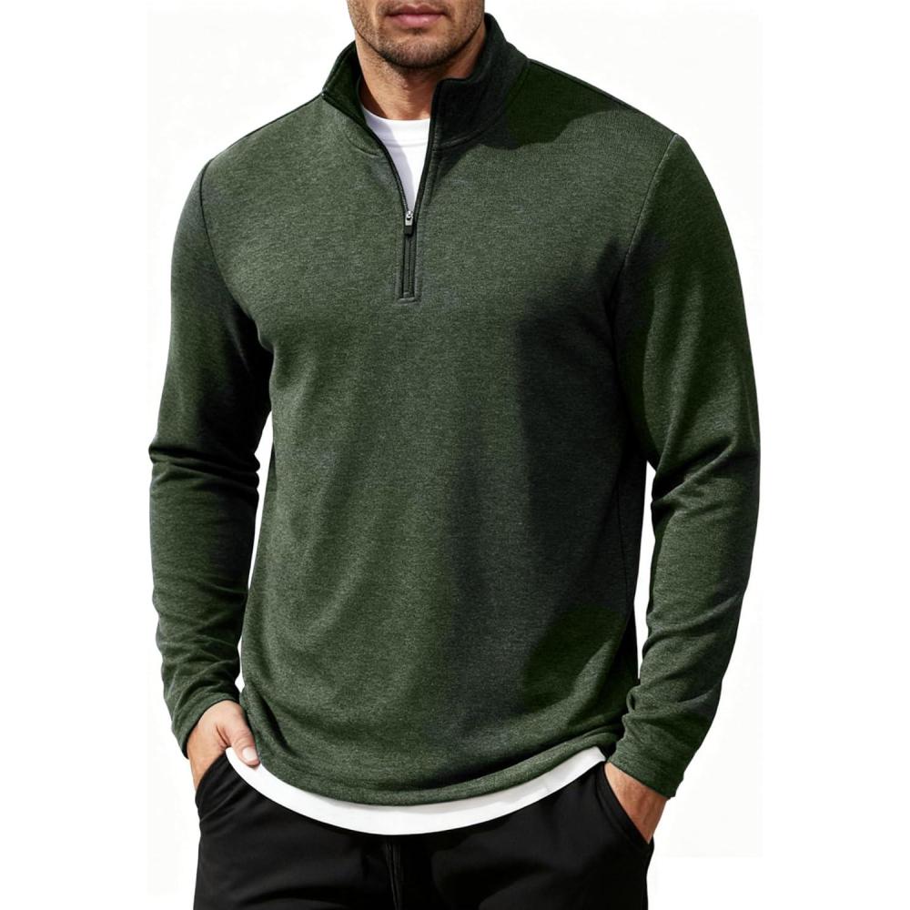 imageCOOFANDY Mens Quarter Zip Up Pullover Long Sleeve Sweatshirt Mock Neck Golf Polo SweaterArmy Green