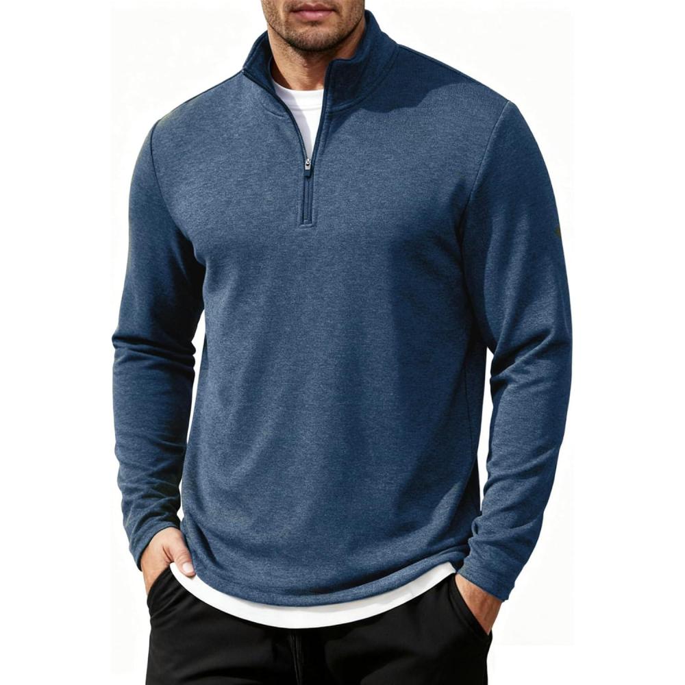 imageCOOFANDY Mens Quarter Zip Up Pullover Long Sleeve Sweatshirt Mock Neck Golf Polo SweaterBlue
