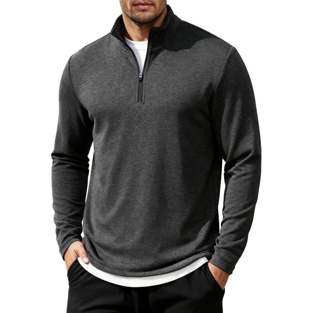 imageCOOFANDY Mens Quarter Zip Up Pullover Long Sleeve Sweatshirt Mock Neck Golf Polo SweaterDark Grey