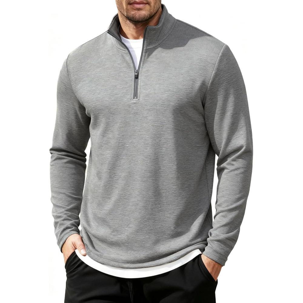 imageCOOFANDY Mens Quarter Zip Up Pullover Long Sleeve Sweatshirt Mock Neck Golf Polo SweaterLight Grey