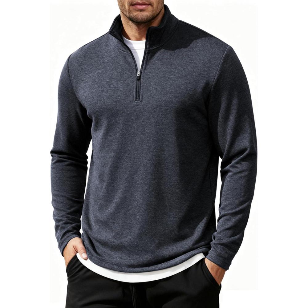 imageCOOFANDY Mens Quarter Zip Up Pullover Long Sleeve Sweatshirt Mock Neck Golf Polo SweaterNavy Blue