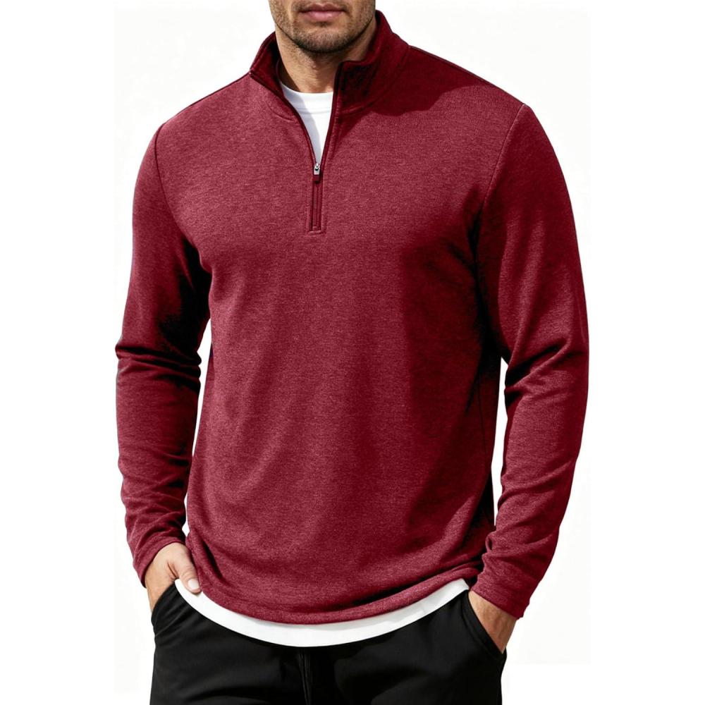 imageCOOFANDY Mens Quarter Zip Up Pullover Long Sleeve Sweatshirt Mock Neck Golf Polo SweaterWine Red
