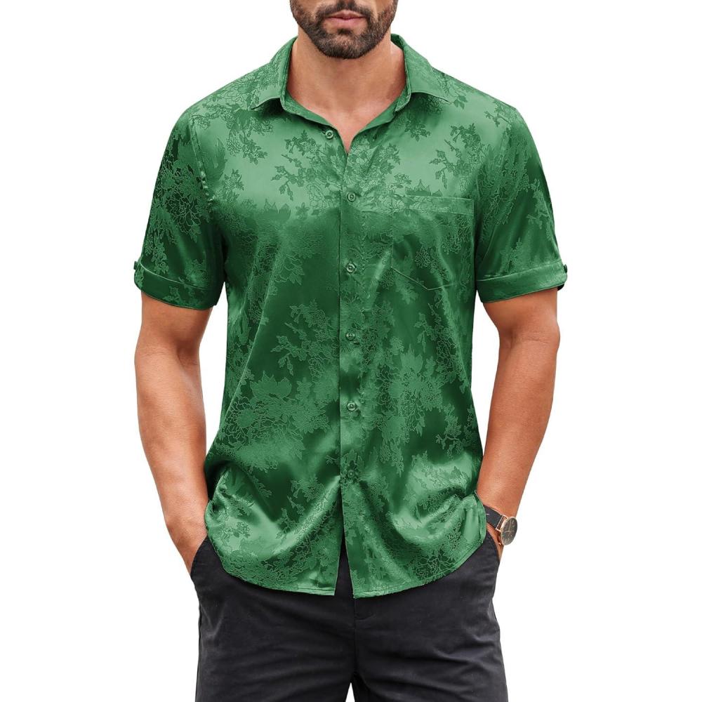 imageCOOFANDY Mens Silk Button Down Short Sleeve Shirt Satin Dress Shirts Summer Beach Wedding Shirt03 Deep Green