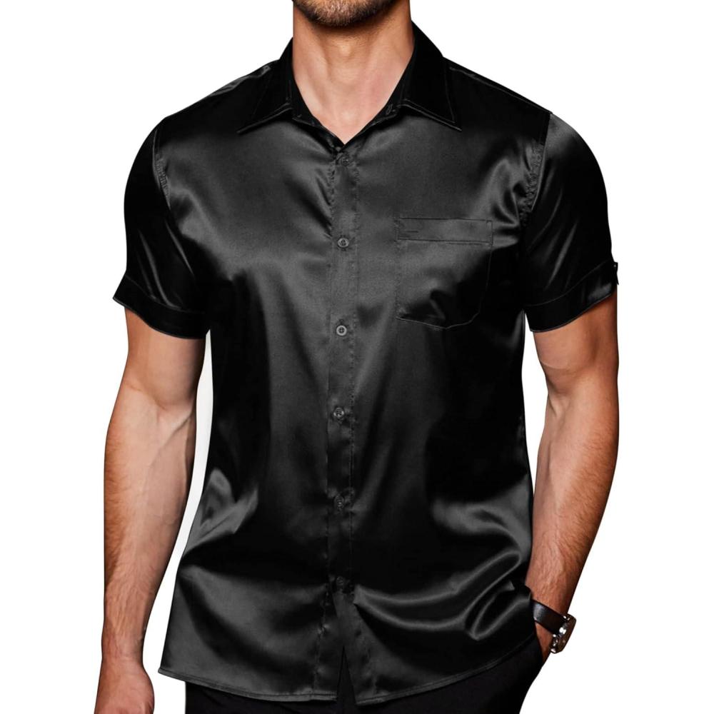imageCOOFANDY Mens Silk Button Down Short Sleeve Shirt Satin Dress Shirts Summer Beach Wedding ShirtBlackpure