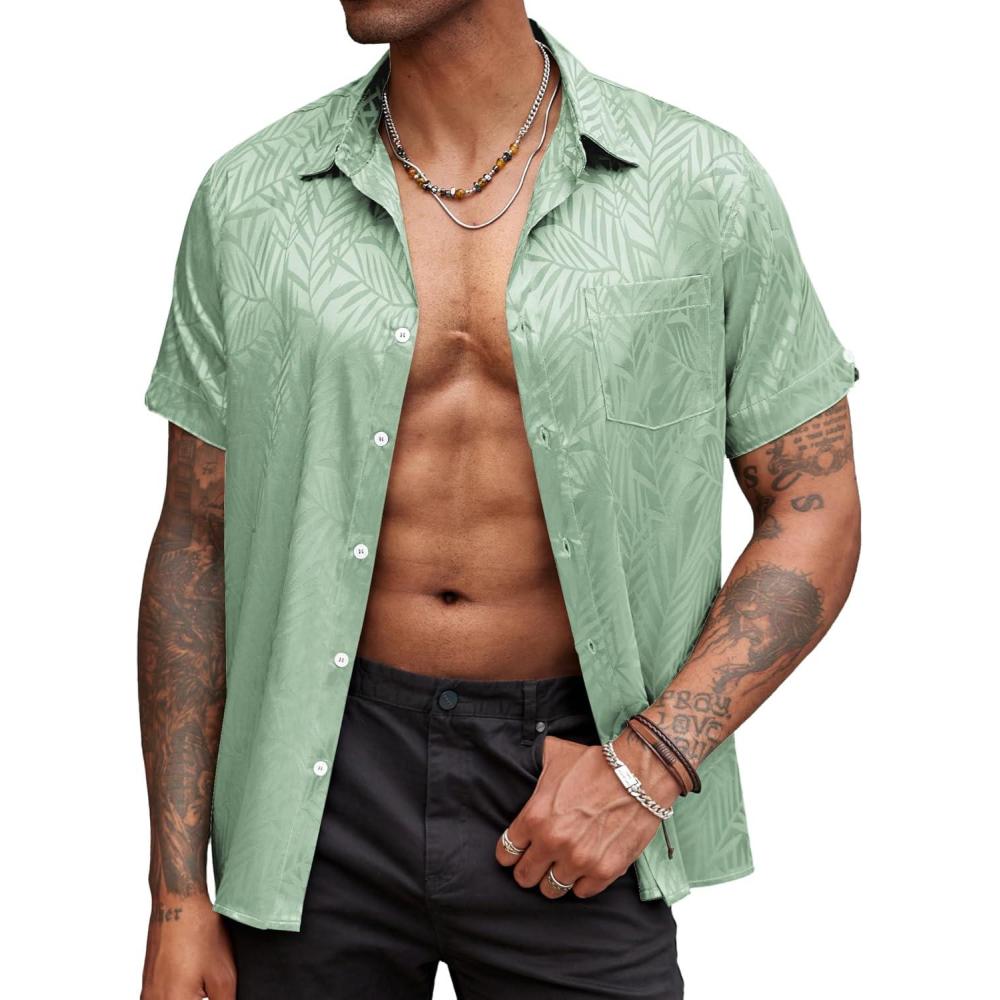 imageCOOFANDY Mens Silk Button Down Short Sleeve Shirt Satin Dress Shirts Summer Beach Wedding ShirtLight Green