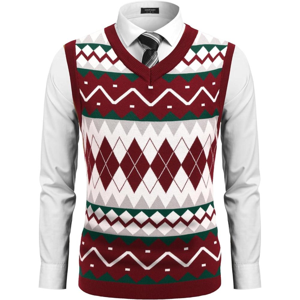 imageCOOFANDY Mens Sleeveless V Neck Pullover Sweater Slim Fit Casual Argyle Sweater VestGz981 Red and White Plaid