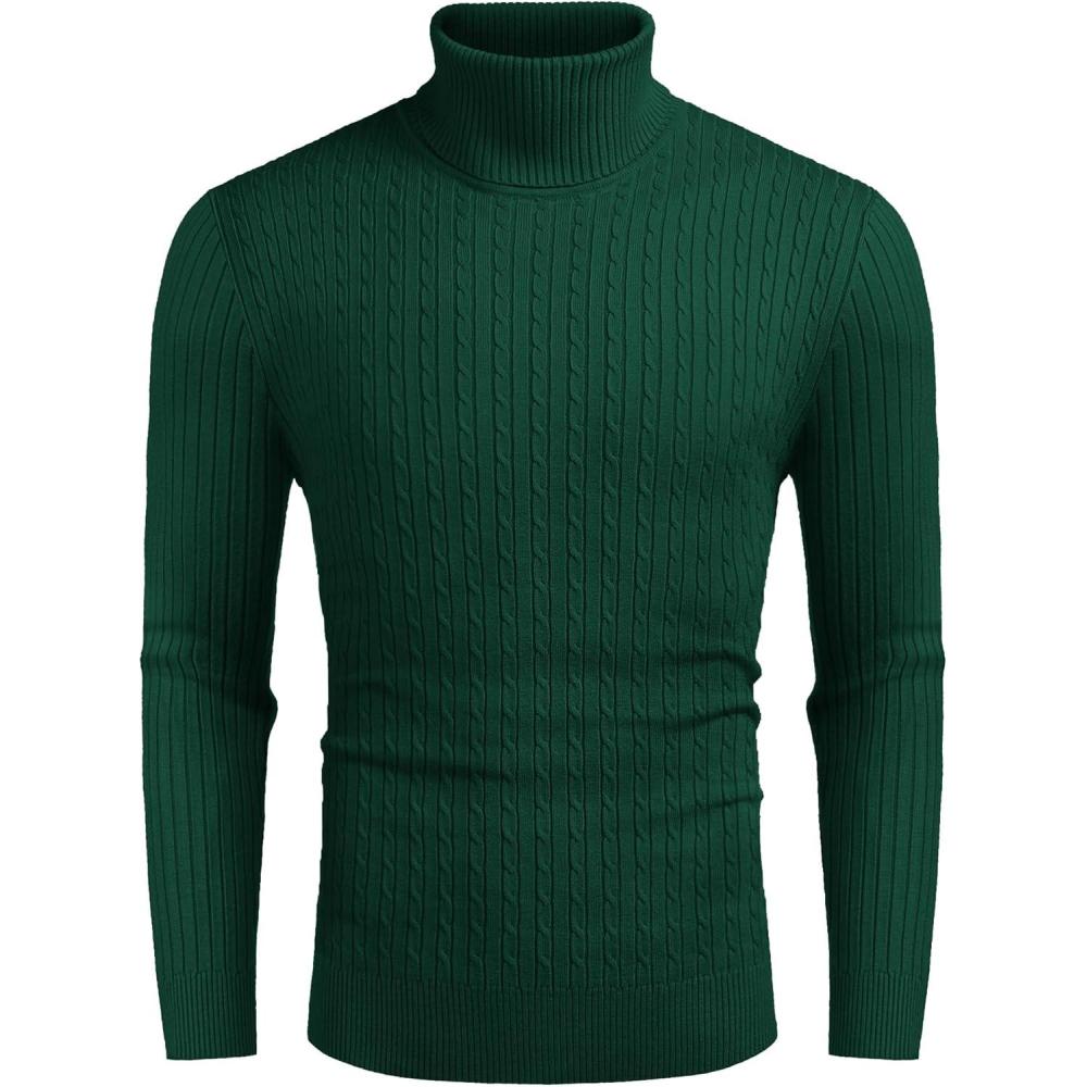 imageCOOFANDY Mens Slim Fit Turtleneck Sweater Casual Twist Patterned Pullover Knitted SweatersGreen