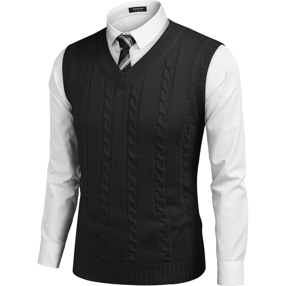 imageCOOFANDY Mens Sweater Vest V Neck Slim Fit Casual Sleeveless Twisted Knitted Pullover SweaterSolid Black
