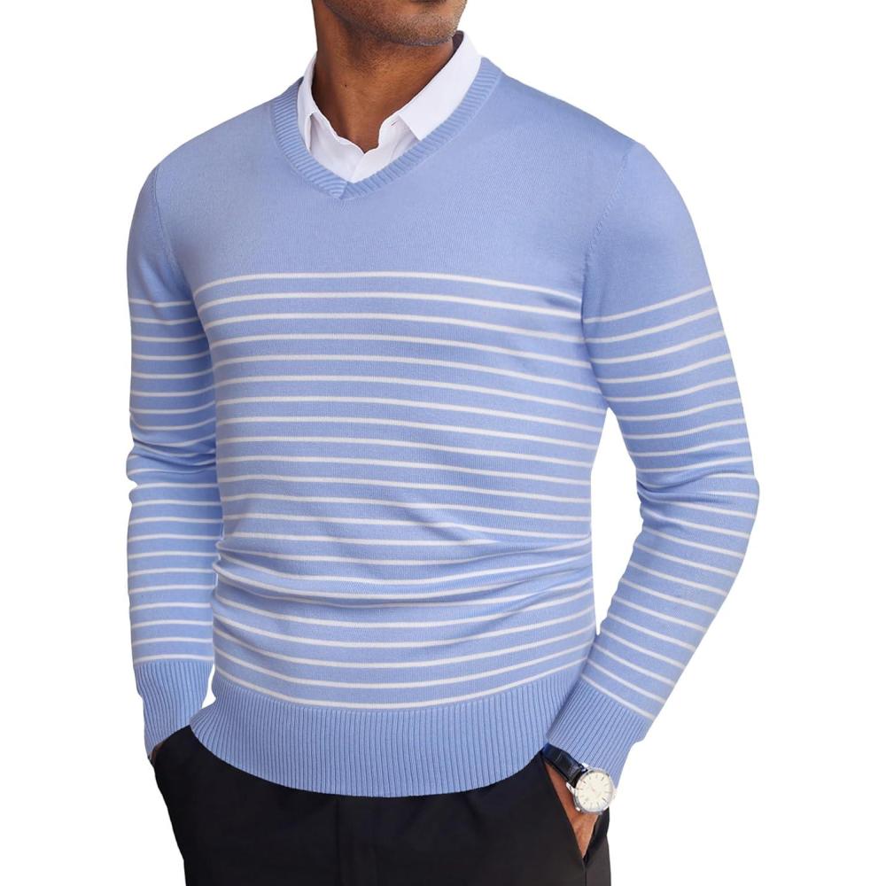 imageCOOFANDY Mens V Neck Sweater Lightweight Knitted Pullover SweatersBluestriped