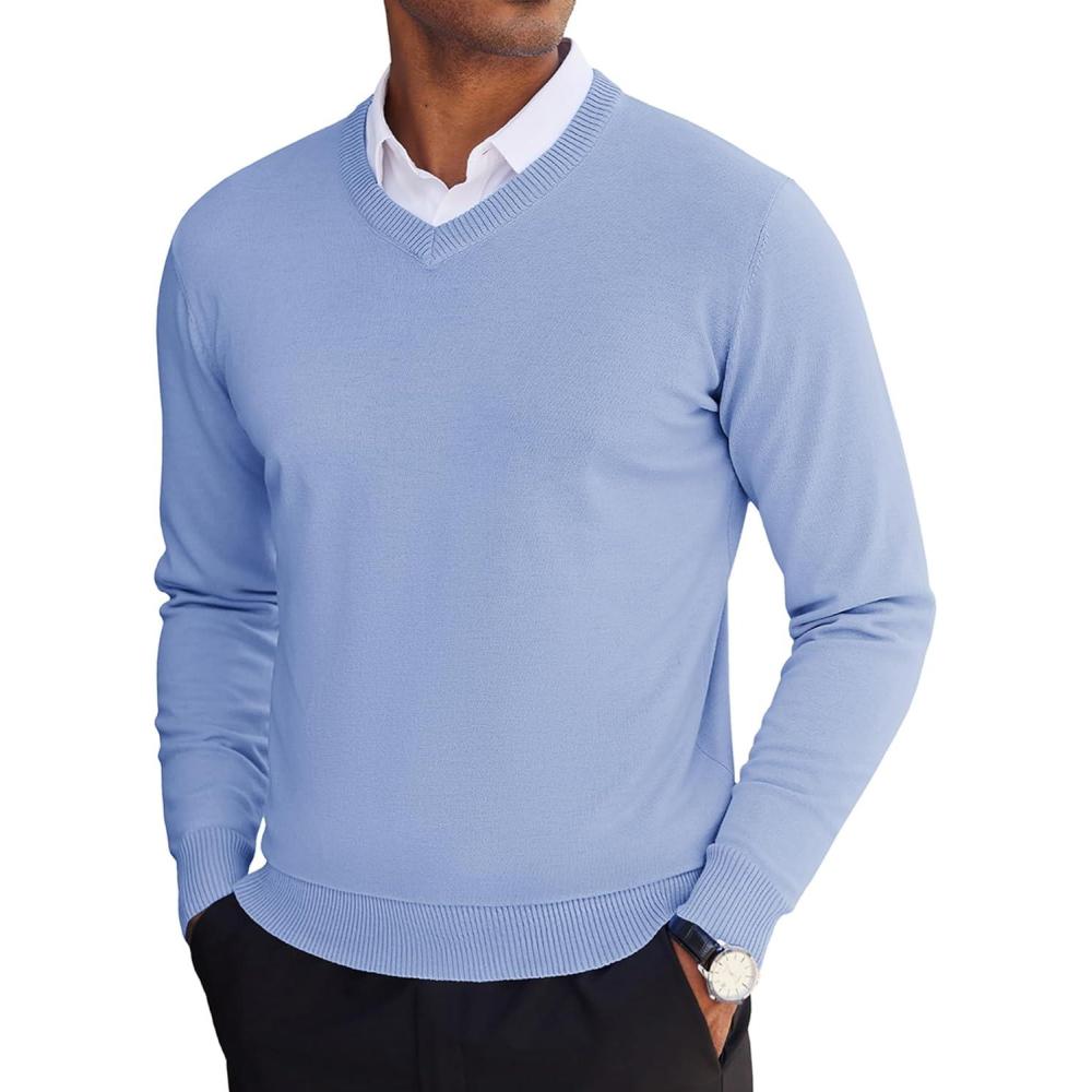 imageCOOFANDY Mens V Neck Sweater Lightweight Knitted Pullover SweatersLight Blue