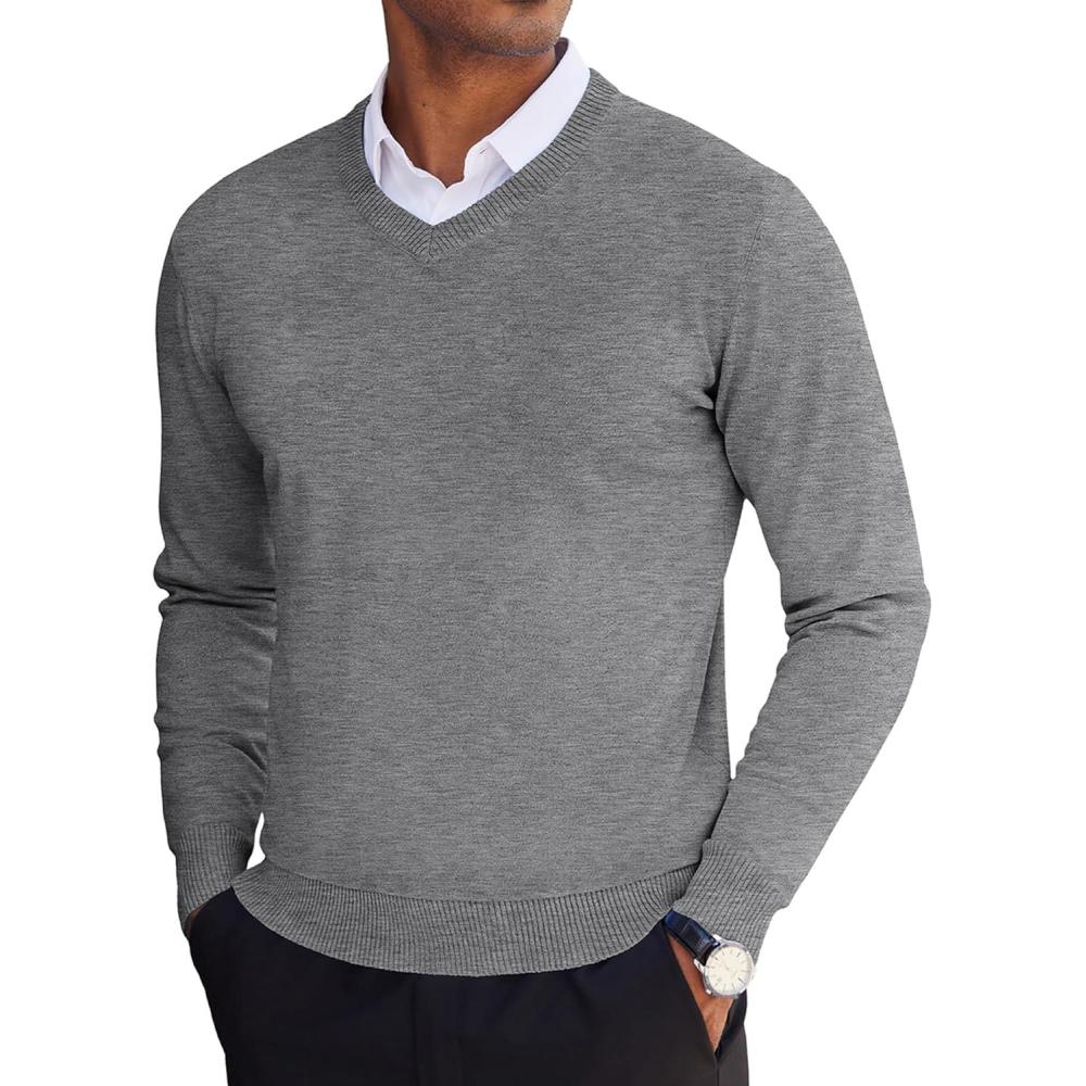 imageCOOFANDY Mens V Neck Sweater Lightweight Knitted Pullover SweatersLight Grey