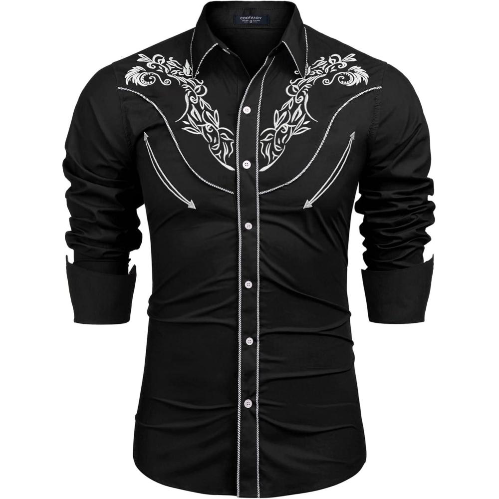 imageCOOFANDY Mens Western Cowboy Shirt Long Sleeve Slim Fit Rose Embroidered Cotton Casual Button Down ShirtsBlack