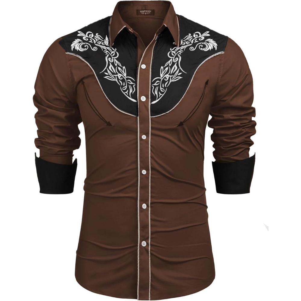 imageCOOFANDY Mens Western Cowboy Shirt Long Sleeve Slim Fit Rose Embroidered Cotton Casual Button Down ShirtsBrown
