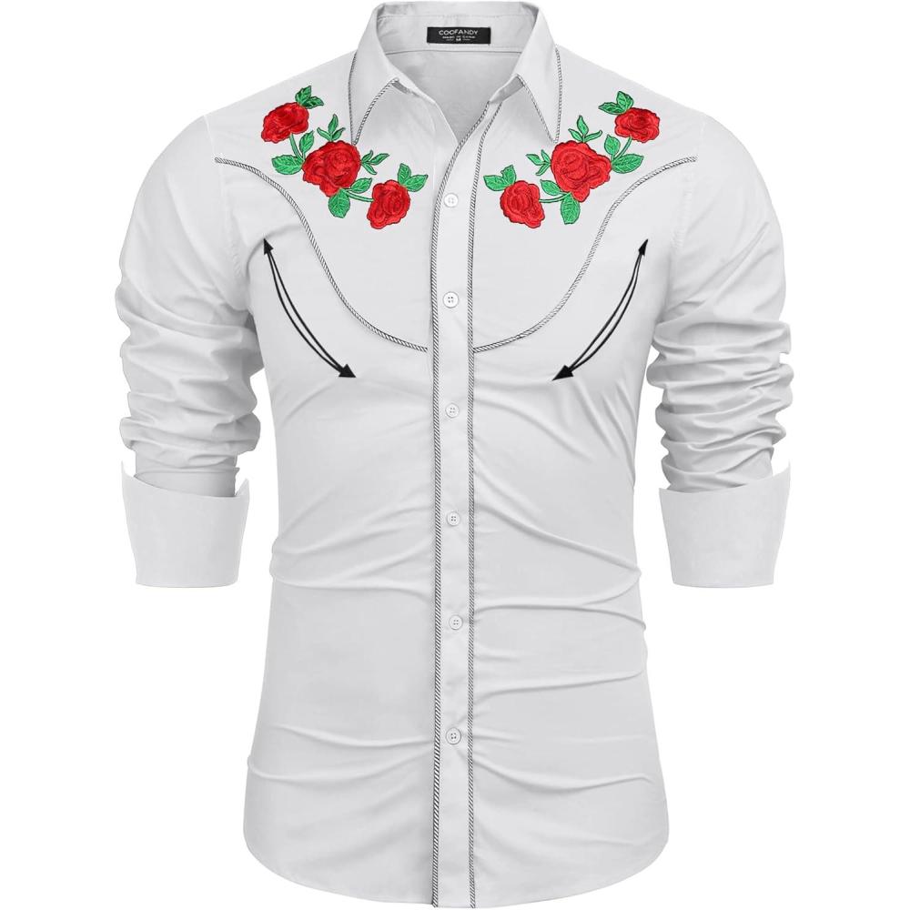 imageCOOFANDY Mens Western Cowboy Shirt Long Sleeve Slim Fit Rose Embroidered Cotton Casual Button Down ShirtsWhite Retro Rose