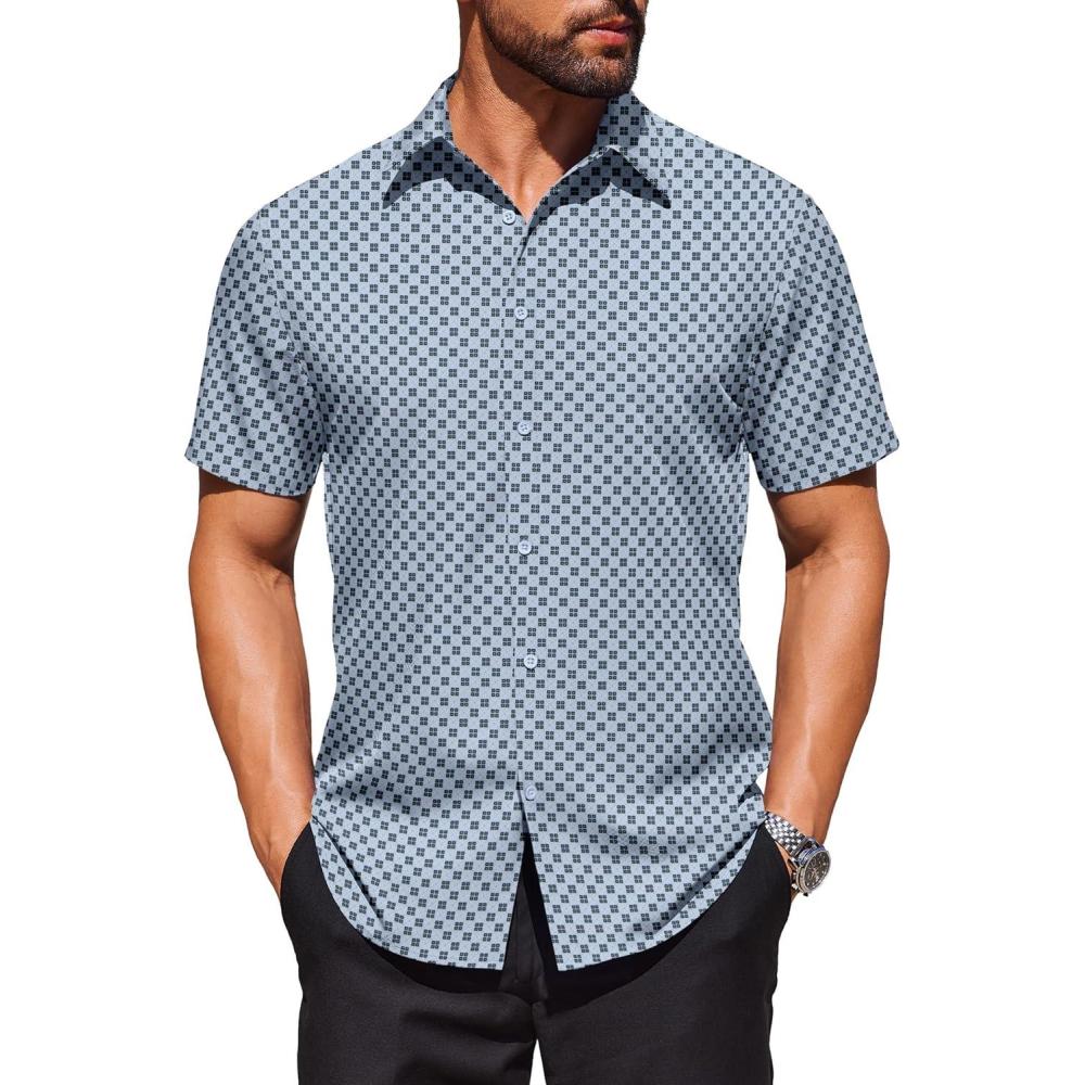 imageCOOFANDY Mens Wrinkle Free Dress Shirt Polka Dot Short Sleeve Button Down Business Casual ShirtsLight Bluerhombus
