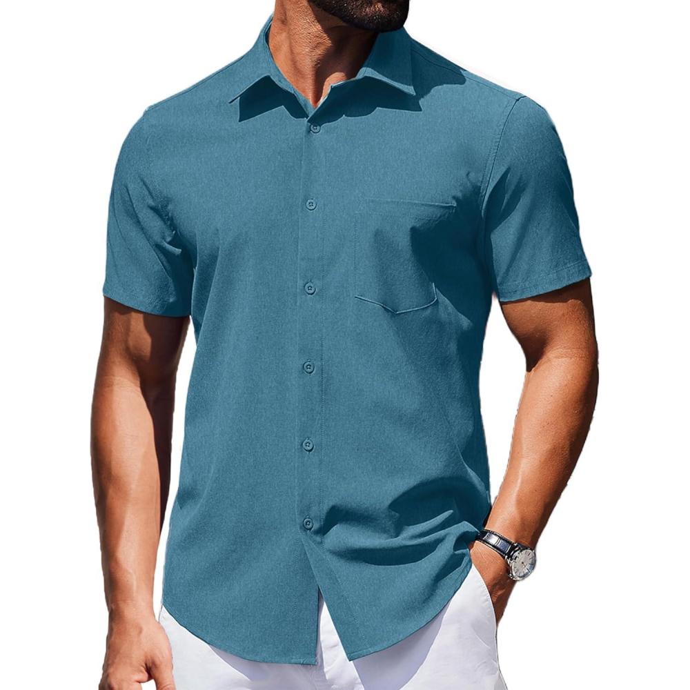 imageCOOFANDY Mens Wrinkle Free Shirts 2025 Short Sleeve Casual Button Down Summer Dress ShirtsDeep Blue