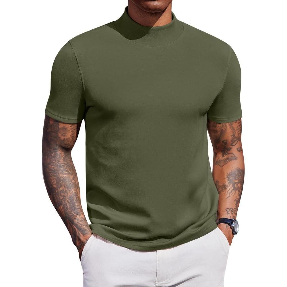 imageCOOFANDY Mock Turtleneck for Men Short Sleeve Casual Stylish Basic Top Stretch Sweater SkinFriendly MaterialArmy Green