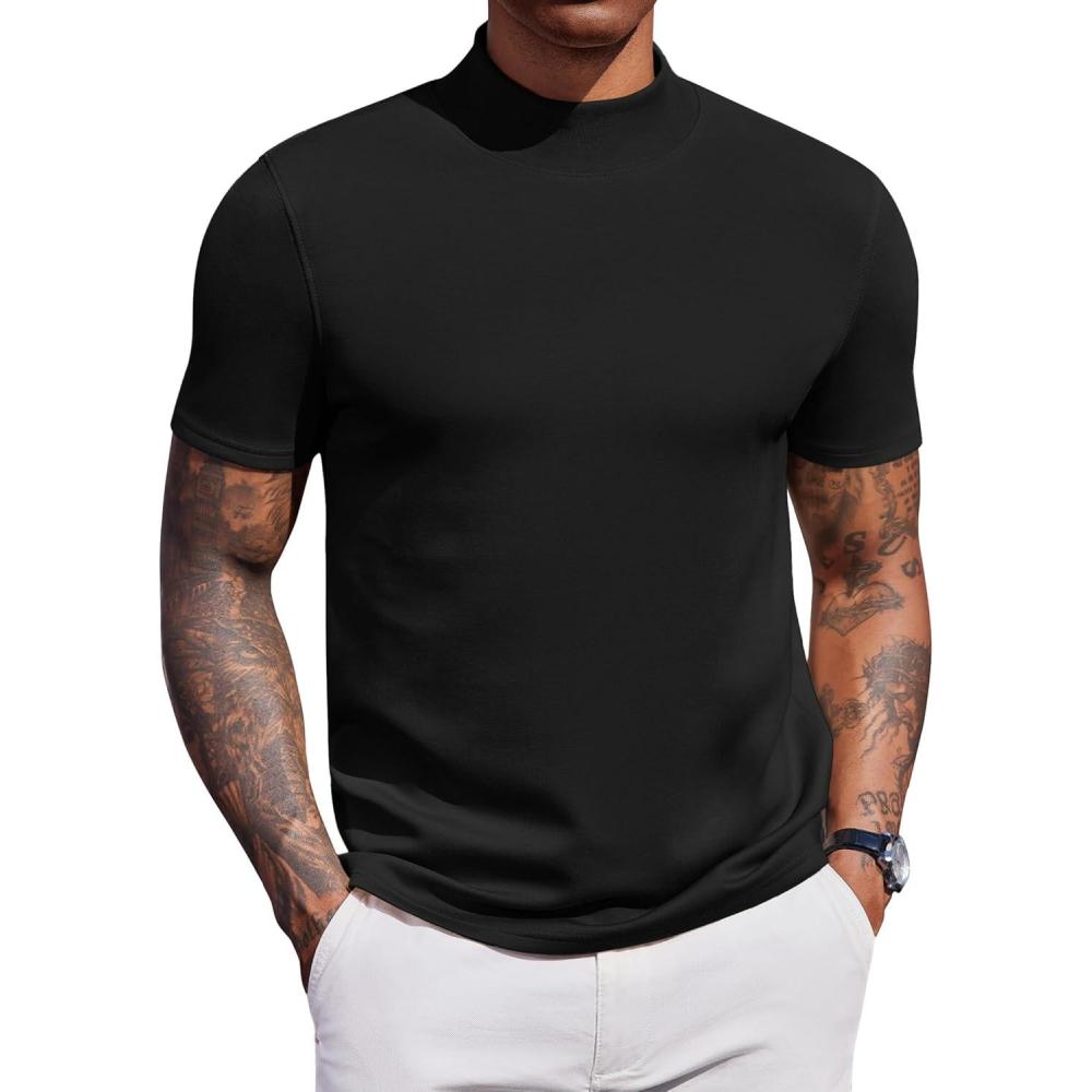 imageCOOFANDY Mock Turtleneck for Men Short Sleeve Casual Stylish Basic Top Stretch Sweater SkinFriendly MaterialBlack