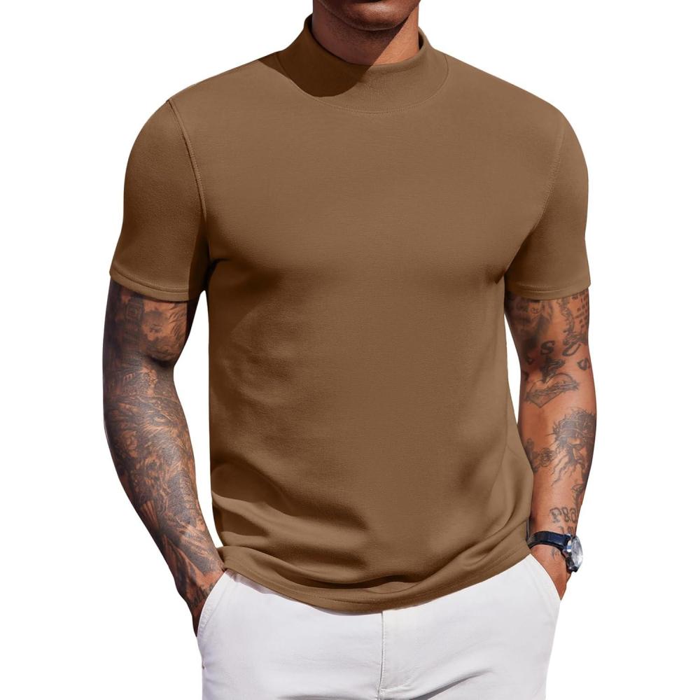 imageCOOFANDY Mock Turtleneck for Men Short Sleeve Casual Stylish Basic Top Stretch Sweater SkinFriendly MaterialBrown