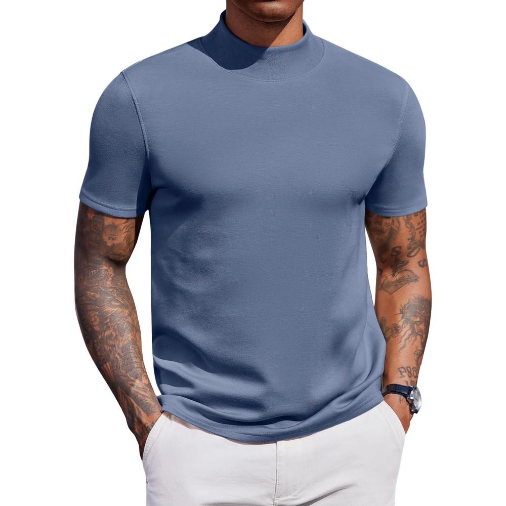 imageCOOFANDY Mock Turtleneck for Men Short Sleeve Casual Stylish Basic Top Stretch Sweater SkinFriendly MaterialDark Blue