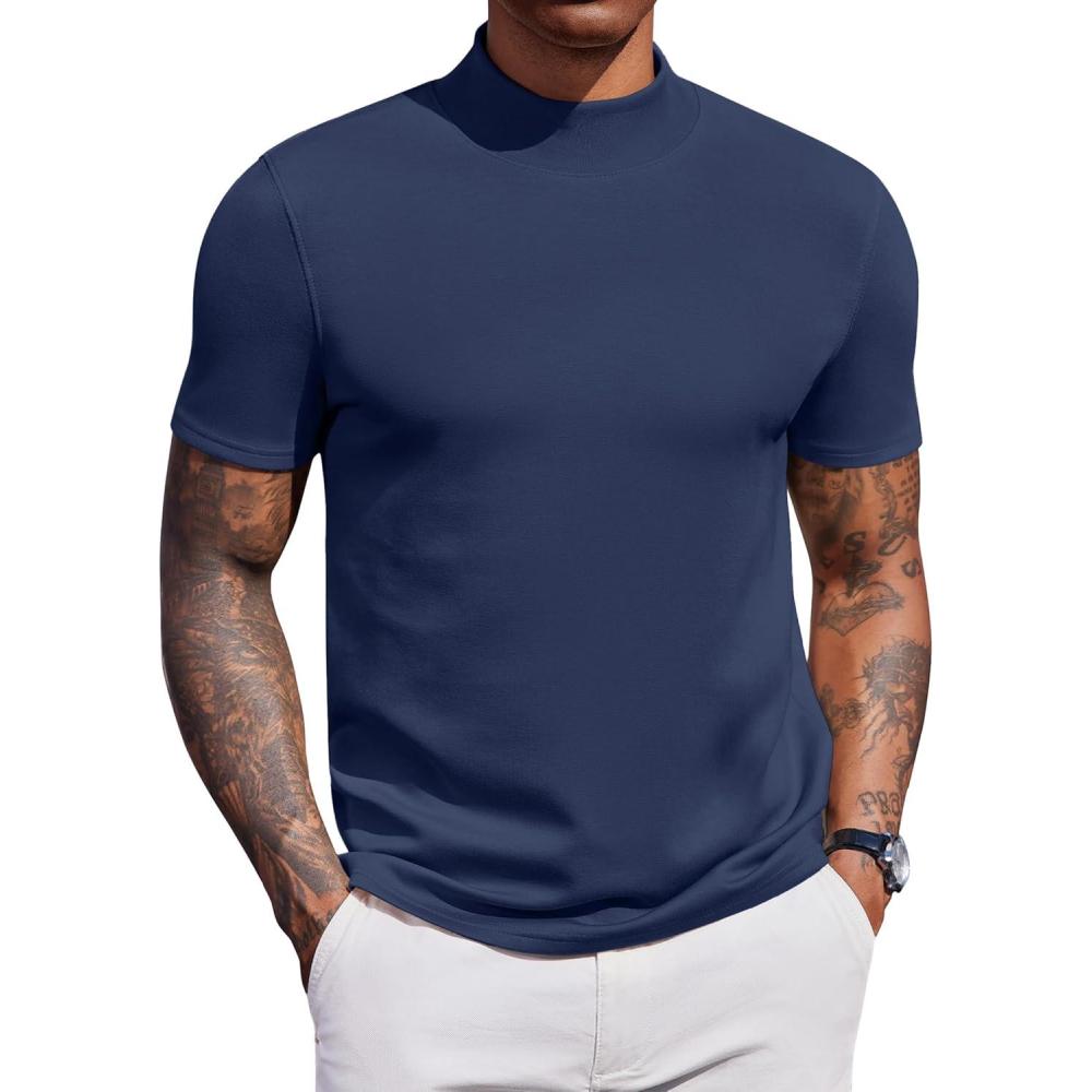 imageCOOFANDY Mock Turtleneck for Men Short Sleeve Casual Stylish Basic Top Stretch Sweater SkinFriendly MaterialNavy Blue