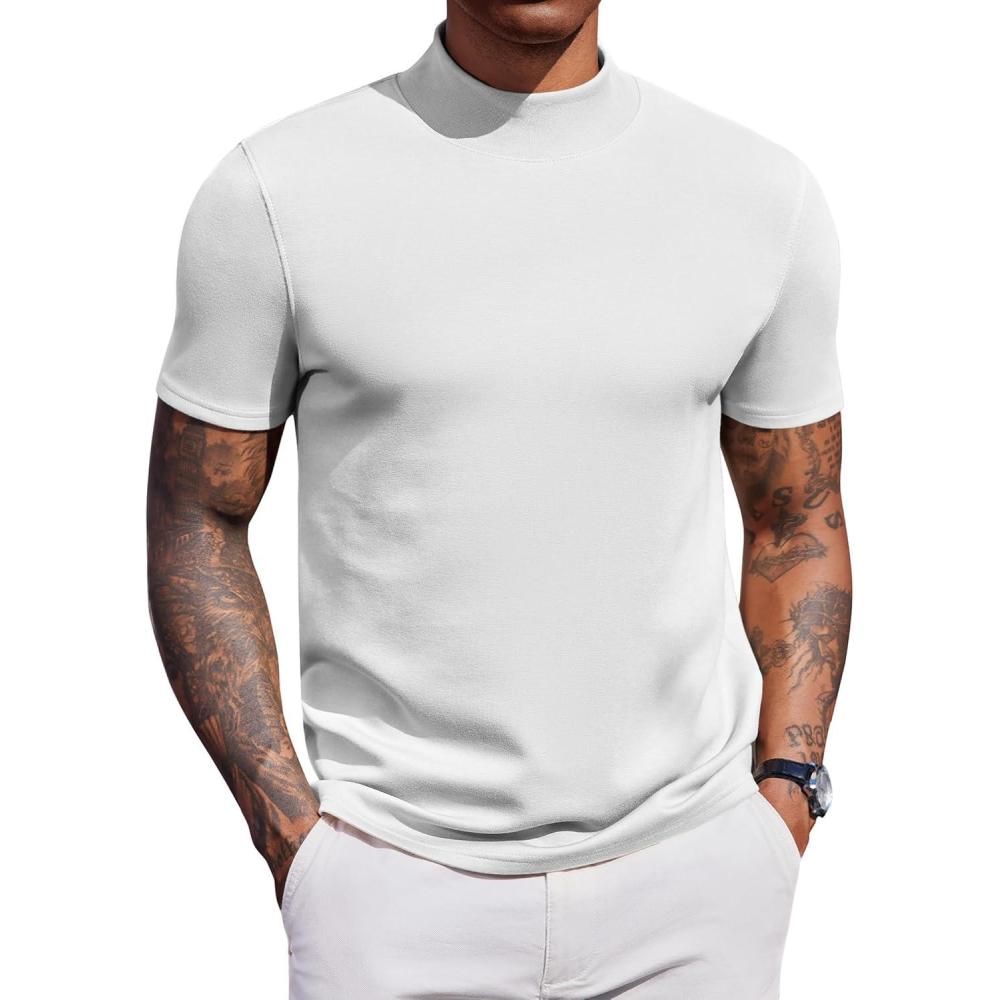 imageCOOFANDY Mock Turtleneck for Men Short Sleeve Casual Stylish Basic Top Stretch Sweater SkinFriendly MaterialWhite