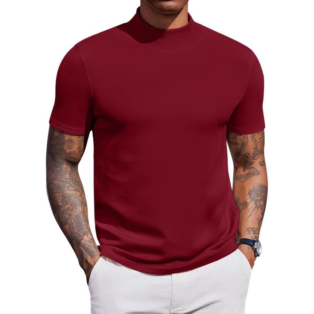 imageCOOFANDY Mock Turtleneck for Men Short Sleeve Casual Stylish Basic Top Stretch Sweater SkinFriendly MaterialWine Red