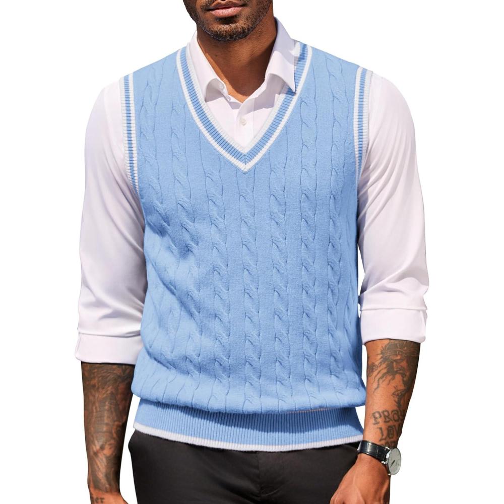 imageCOOFANDY Sweater Vest for Men Regular Fit V Neck Sleeveless Knitted Pullovers SweaterLight Blue