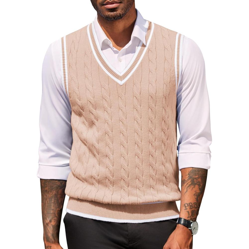 imageCOOFANDY Sweater Vest for Men Regular Fit V Neck Sleeveless Knitted Pullovers SweaterLight Khaki