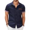 imageCOOFANDY Mens Casual Cotton Short Sleeve Button Down Dress Shirt Plaid Collar Denim Work ShirtsA  Navy Blue  No Pocket