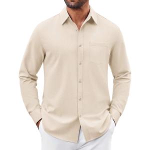 imageCOOFANDY Mens Button Down Shirt Casual Untucked Shirts Long Sleeve Dress Shirt with PocketBeige