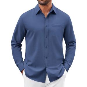 imageCOOFANDY Mens Button Down Shirt Casual Untucked Shirts Long Sleeve Dress Shirt with PocketDark Blue
