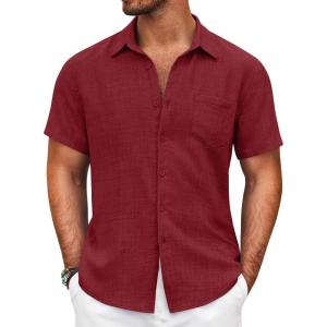 imageCOOFANDY Mens Button Down Short Sleeve Shirt Casual Shirts Summer Beach Textured Shirts with PocketBurgundy