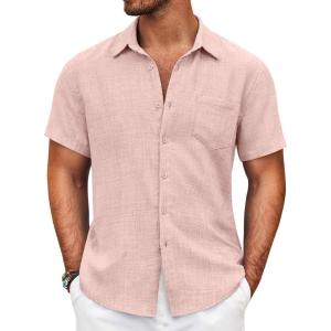 imageCOOFANDY Mens Button Down Short Sleeve Shirt Casual Shirts Summer Beach Textured Shirts with PocketChampagne Pink