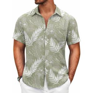 imageCOOFANDY Mens Button Down Short Sleeve Shirt Casual Shirts Summer Beach Textured Shirts with PocketGreenwhite Leaves