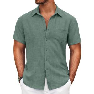 imageCOOFANDY Mens Button Down Short Sleeve Shirt Casual Shirts Summer Beach Textured Shirts with PocketGrey Green