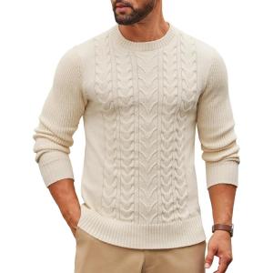 imageCOOFANDY Mens Cable Knit Sweater Casual Long Leeve Crewneck Pullover Sweaters Twist Textured Fisherman SweaterApricot