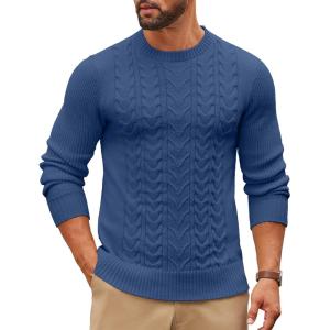 imageCOOFANDY Mens Cable Knit Sweater Casual Long Leeve Crewneck Pullover Sweaters Twist Textured Fisherman SweaterBlue