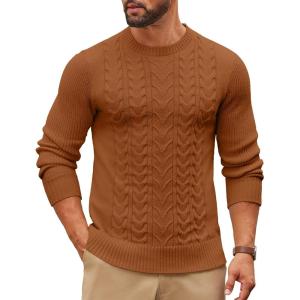 imageCOOFANDY Mens Cable Knit Sweater Casual Long Leeve Crewneck Pullover Sweaters Twist Textured Fisherman SweaterBrown