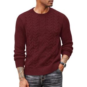 imageCOOFANDY Mens Cable Knit Sweater Casual Long Leeve Crewneck Pullover Sweaters Twist Textured Fisherman SweaterWine Red