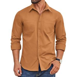 imageCOOFANDY Mens Casual Button Down Work Shirts Untucked Long Sleeve Woven Shirt with PocketsLight Brown