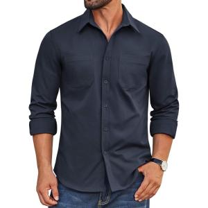 imageCOOFANDY Mens Casual Button Down Work Shirts Untucked Long Sleeve Woven Shirt with PocketsNavy Blue