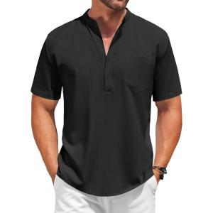 imageCOOFANDY Mens Casual Henley Shirt Short Sleeve Summer Beach Band Collar Shirt Hippie Henley TShirts with PocketBlack