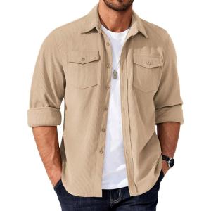 imageCOOFANDY Mens Corduroy Button Down Shirts Jackets Casual Long Sleeve Shacket Lightweight Overshirts with Flap PocketsBeige