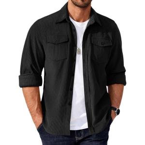 imageCOOFANDY Mens Corduroy Button Down Shirts Jackets Casual Long Sleeve Shacket Lightweight Overshirts with Flap PocketsBlack